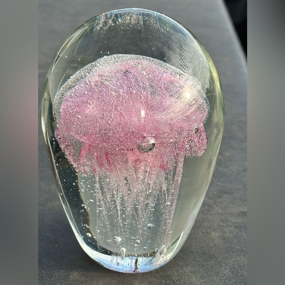 Jellyfish Blown Glass Art Paperweight Pink with Inclusion Large 6" Tall **